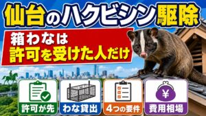 仙台のハクビシン駆除｜箱わなは許可を受けた人だけが借りられる｜仙台の街並みと屋根の上のハクビシン、箱わなは許可を受けた人だけが借りられることを示したアイキャッチ画像