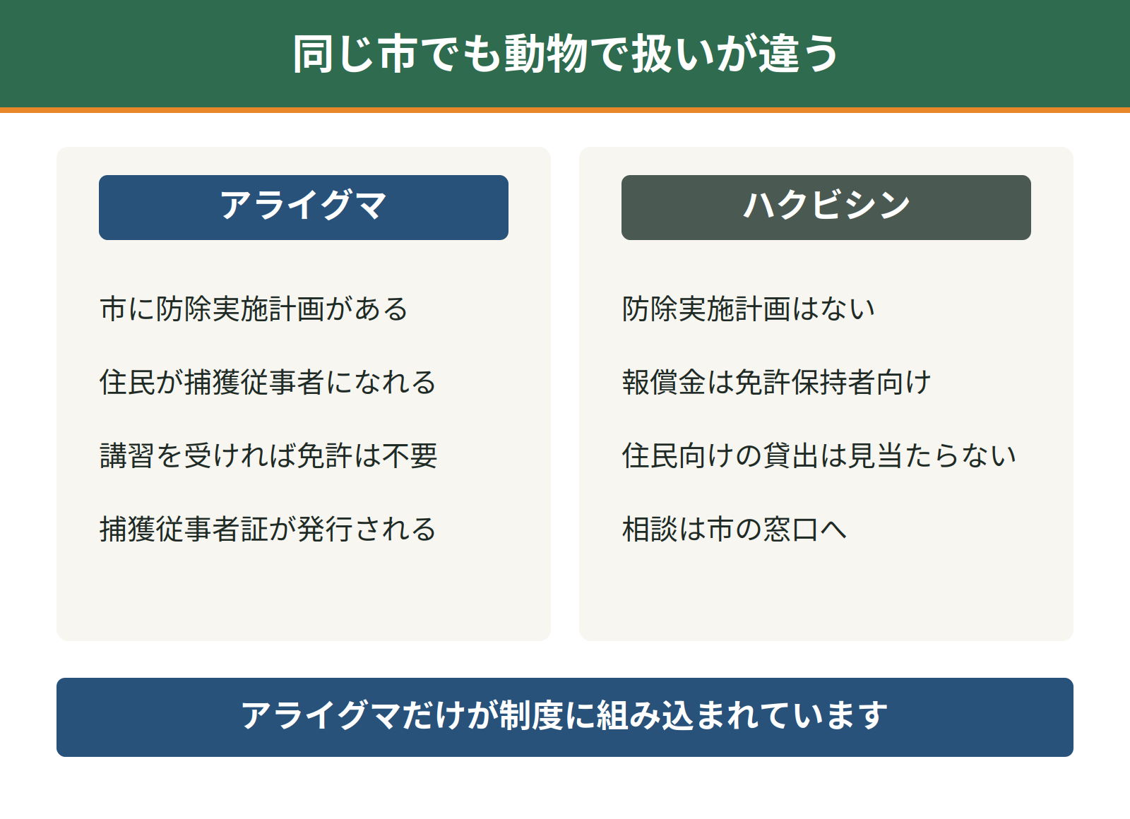 静岡市ではアライグマに防除実施計画があり住民が捕獲従事者になれるが、ハクビシンには計画がなく報償金も免許保持者向け