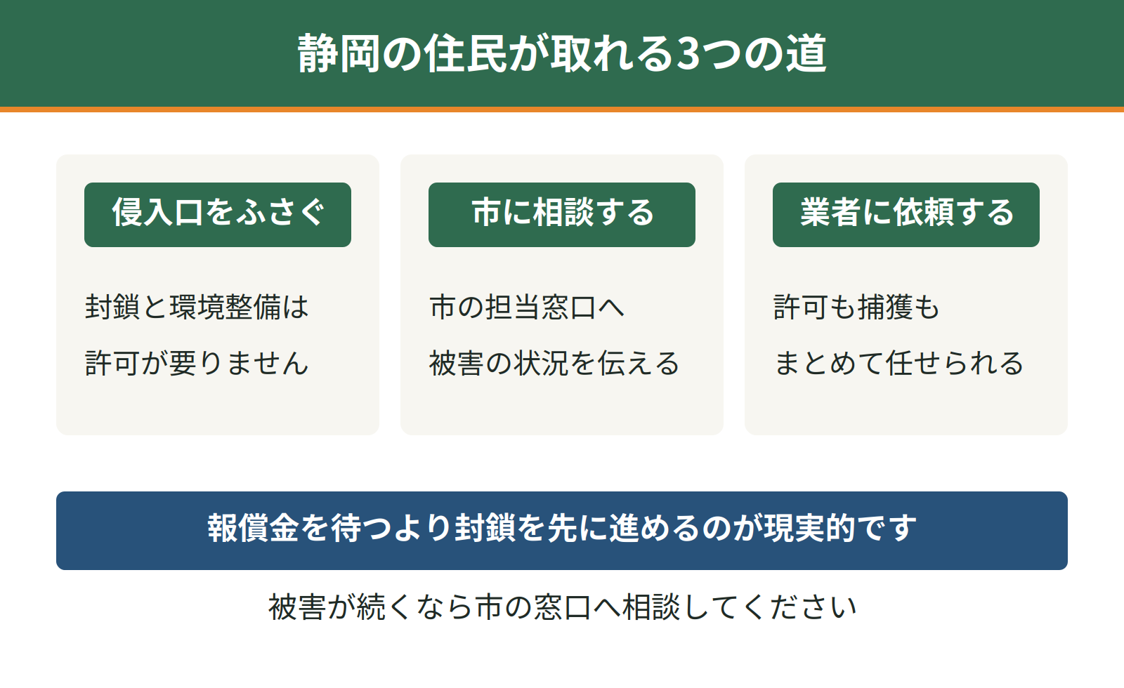 静岡の住民が取れる3つの道は、侵入口をふさぐ、市の窓口に相談する、業者に依頼する