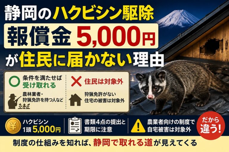 静岡のハクビシン駆除｜報償金5,000円が住民に届かない理由｜静岡の富士山と屋根の上のハクビシン、報償金5,000円が住民に届かない理由を示したアイキャッチ画像