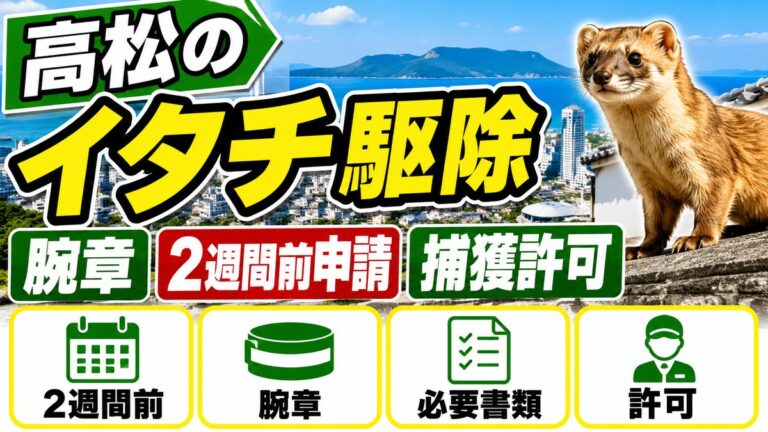 高松のイタチ駆除｜腕章と2週間前申請が要る捕獲許可の実際｜瀬戸内海と高松市街を背景に瓦屋根の上のイタチ