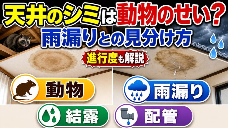 天井のシミは動物のせい？｜雨漏りとの見分け方と進行度｜屋根裏のハクビシンによる茶色い輪じみと、雨漏りによる黒っぽいシミの比較