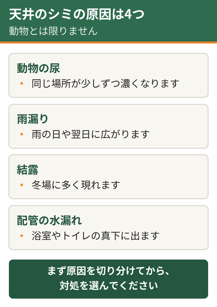天井のシミの原因は4つある。動物の尿、雨漏り、結露、配管の水漏れ。それぞれ出方が違うため切り分けが必要になる