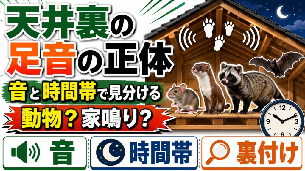 天井裏の足音の正体｜音と時間帯でわかる動物の見分け方｜木造家屋の天井裏にいるネズミ・イタチ・ハクビシン・コウモリと足あとマーク、時計のイメージ