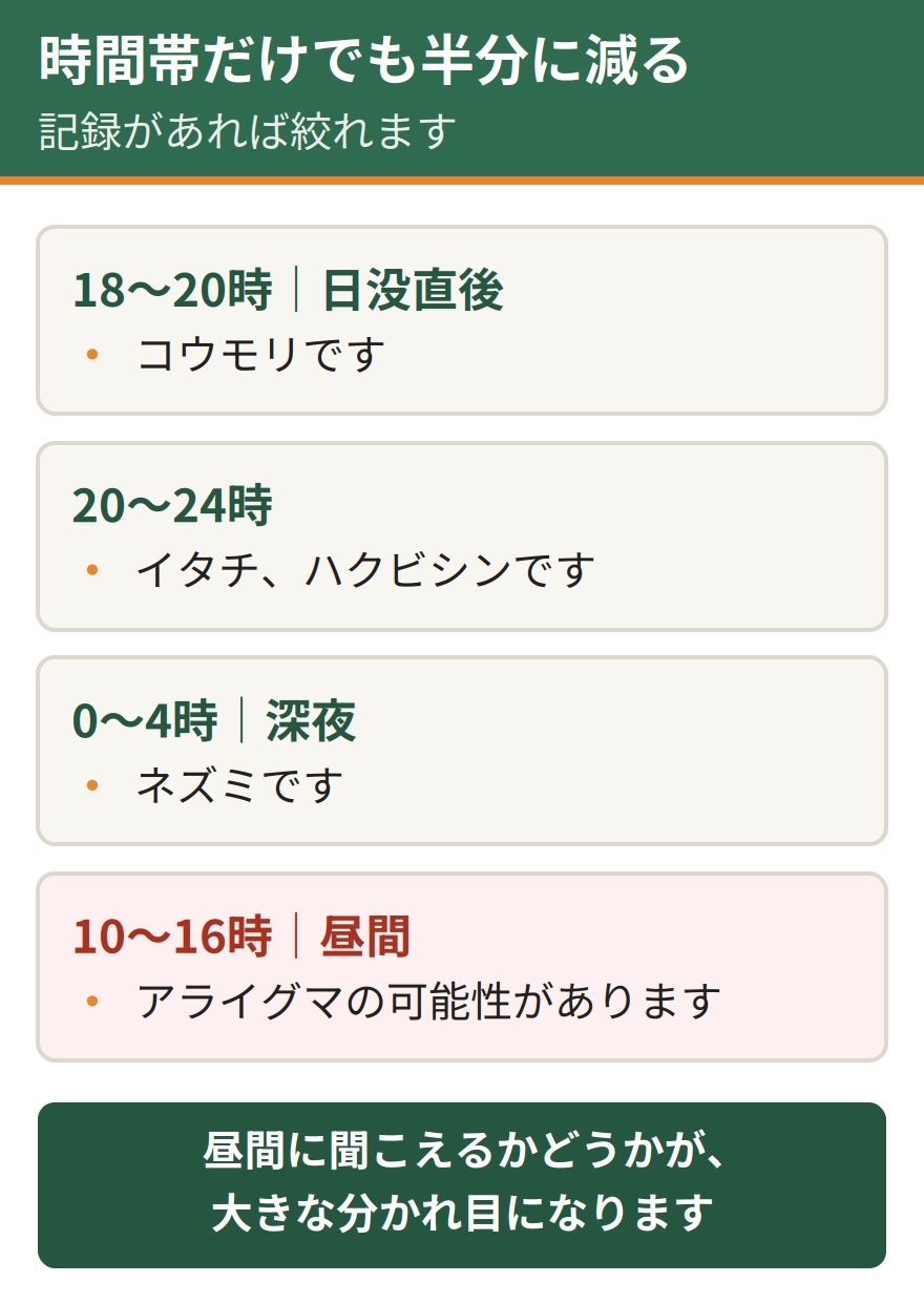 時間帯による判定。日没直後の18時から20時はコウモリ、20時から24時はイタチやハクビシン、深夜0時から4時はネズミ、昼間の10時から16時に聞こえるならアライグマの可能性がある