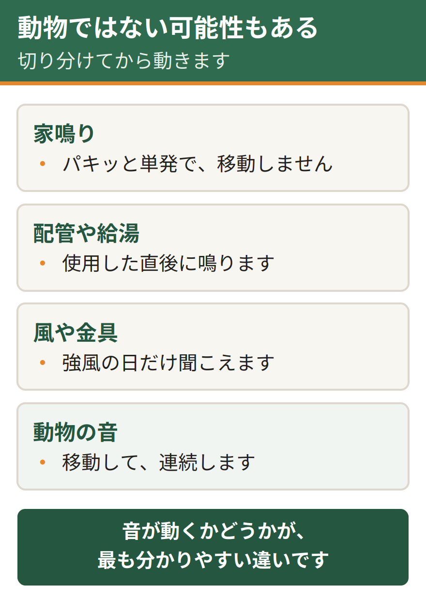 動物ではない音との切り分け。家鳴りはパキッと単発で移動しない。配管や給湯の音は使用した直後に鳴る。風や金具の音は強風の日だけ聞こえる。動物の音は移動して連続する