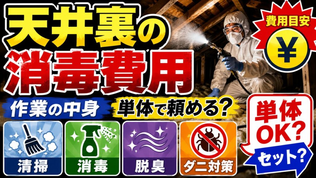 天井裏の消毒費用｜作業の中身と単体で頼めるかの判断｜防護服で天井裏に薬剤を散布する作業員と、清掃・消毒・脱臭・ダニ対策のアイコン