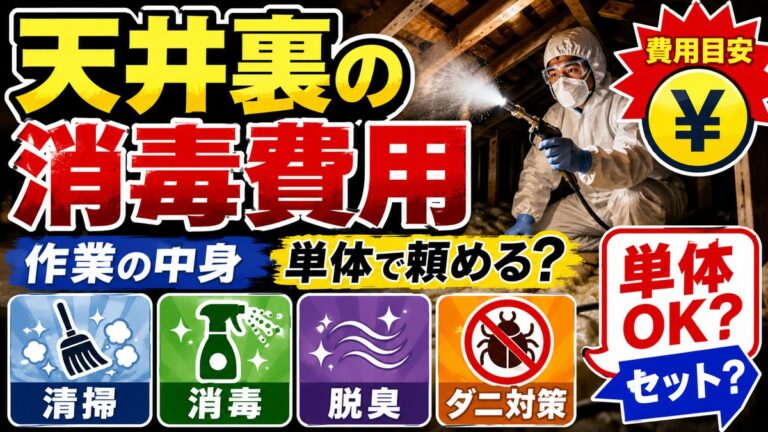 天井裏の消毒費用｜作業の中身と単体で頼めるかの判断｜防護服で天井裏に薬剤を散布する作業員と、清掃・消毒・脱臭・ダニ対策のアイコン