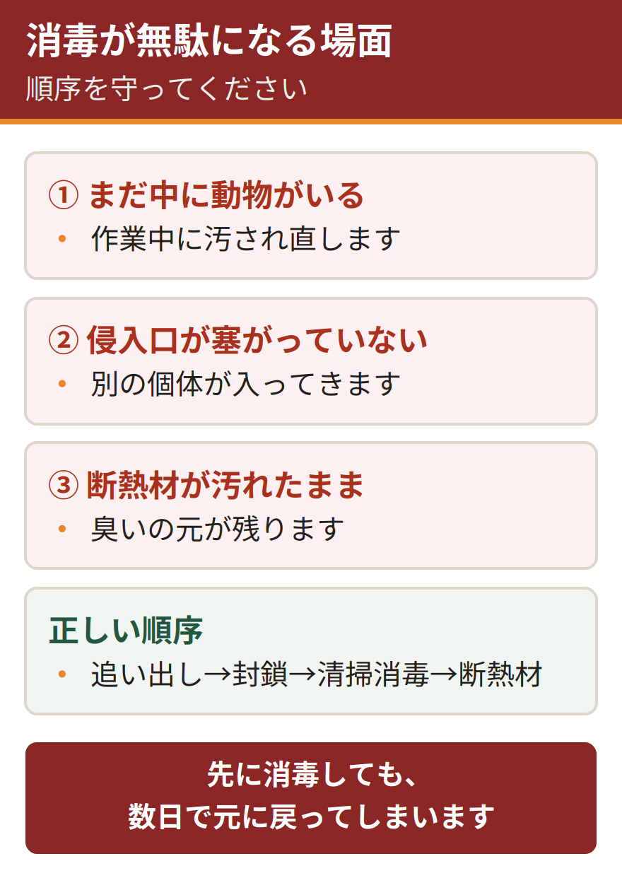 消毒しても意味がない3つの場面。まだ中に動物がいる、侵入口が塞がっていない、断熱材が汚れたまま。正しい順序は追い出し、封鎖、清掃と消毒、断熱材の交換
