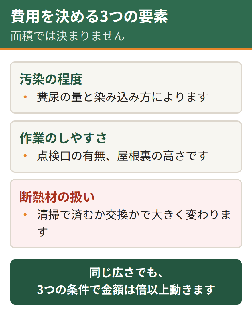 消毒費用を決める3つの要素。汚染の程度、作業のしやすさ、断熱材の扱い。面積だけでは決まらない
