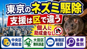 東京のネズミ駆除｜区の助成金が個人に出ない理由と使える制度｜東京の街並みとネズミ、中央区・大田区・新宿区・多摩の支援を並べたアイキャッチ画像