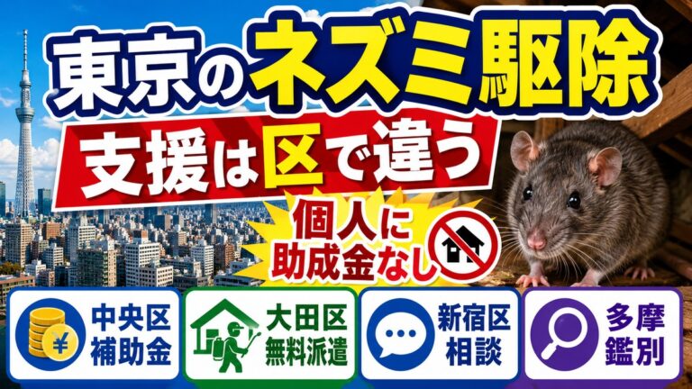 東京のネズミ駆除｜区の助成金が個人に出ない理由と使える制度｜東京の街並みとネズミ、中央区・大田区・新宿区・多摩の支援を並べたアイキャッチ画像