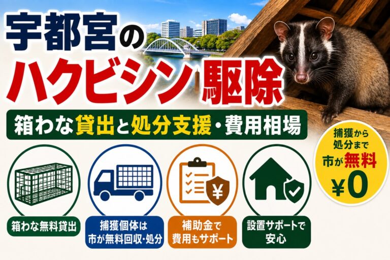 宇都宮のハクビシン駆除｜箱わな貸出と処分支援・費用相場｜宇都宮の街並みと屋根裏のハクビシン、箱わな・回収トラック・補助金・設置サポートのアイコン