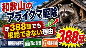 和歌山のアライグマ駆除｜年388頭でも根絶できない理由｜和歌山城と市街地を背景に瓦屋根の隙間から顔を出すアライグマ、捕獲数388頭を示すグラフ