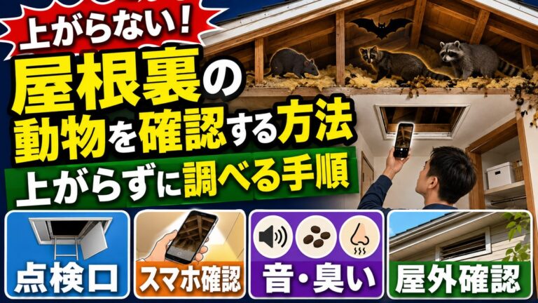 屋根裏の動物を確認する方法｜上がらずに調べる手順｜点検口にスマートフォンを差し入れて撮影する男性と、屋根裏にいるネズミ・ハクビシン・アライグマ・コウモリ