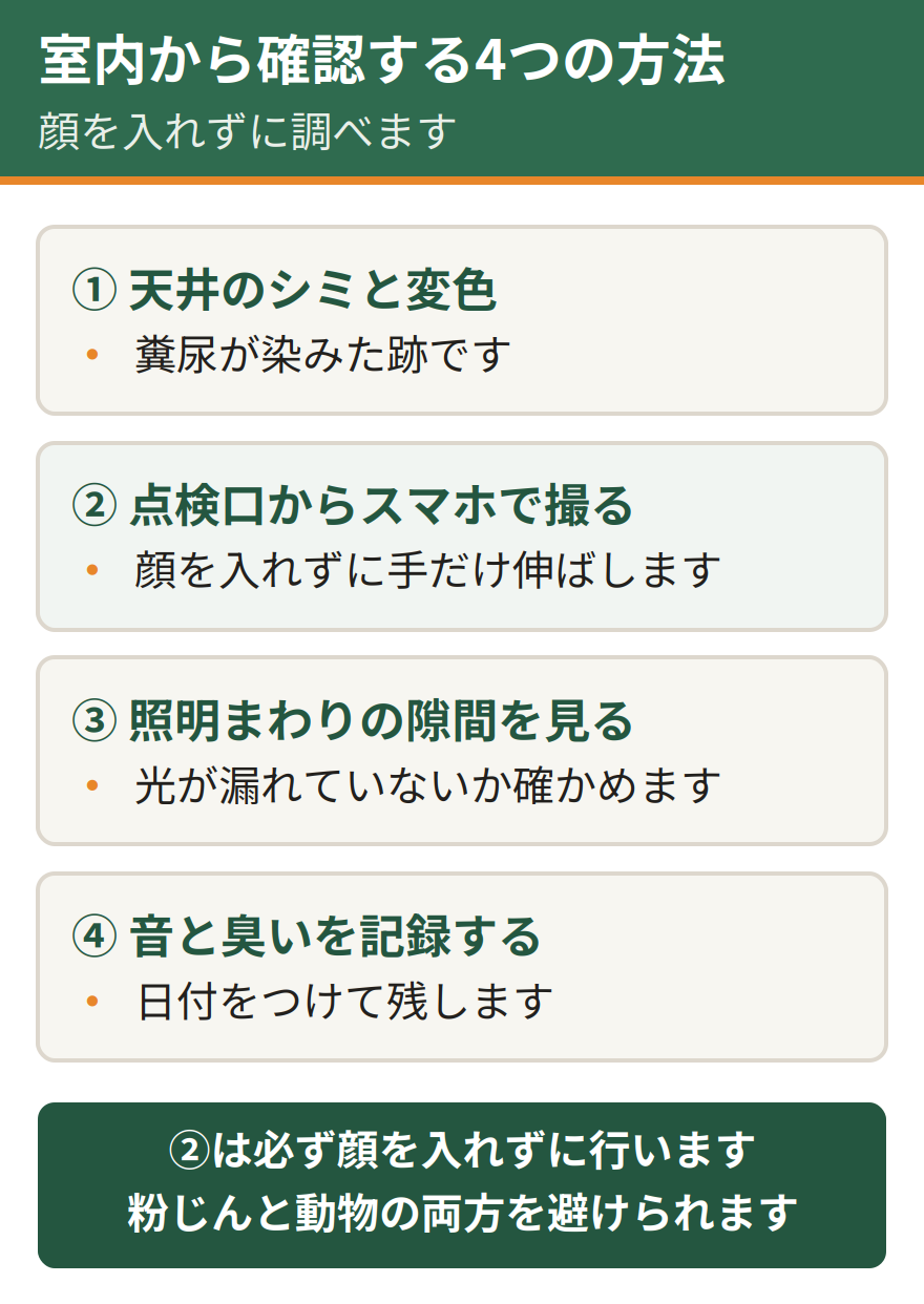 室内から確認する4つの方法。天井のシミと変色を見る、点検口を少し開けてスマートフォンで撮る、照明器具まわりの隙間を見る、音と臭いを日付つきで記録する