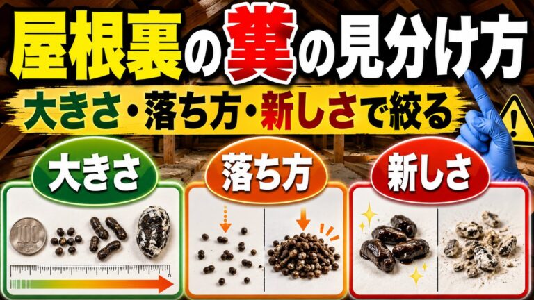 屋根裏の糞の見分け方｜大きさ・落ち方・新しさで絞る｜硬貨と並べた糞のサイズ比較、散らばり方の違い、新しい糞と古い糞の比較写真