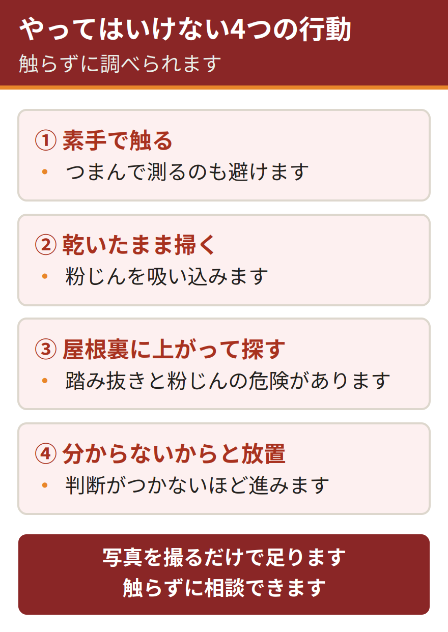 糞を見分けるときにやってはいけない4つの行動。素手で触る、乾いたまま掃く、屋根裏に上がって探し回る、分からないからと放置する