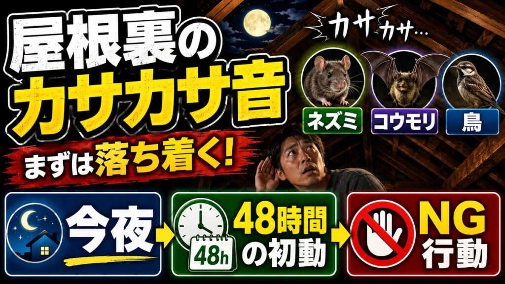 屋根裏のカサカサ音｜今夜できることと48時間の初動｜夜の屋根裏で音に耳を澄ます男性と、ネズミ・コウモリ・鳥の3つの候補、今夜と48時間とNG行動の流れ