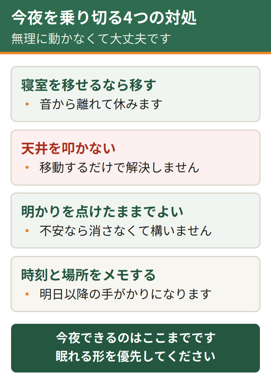今夜を乗り切るための4つの対処。寝室を移せるなら移す、天井を叩いて追い払わない、不安なら明かりを点けたままでよい、音がした時刻と場所をメモする