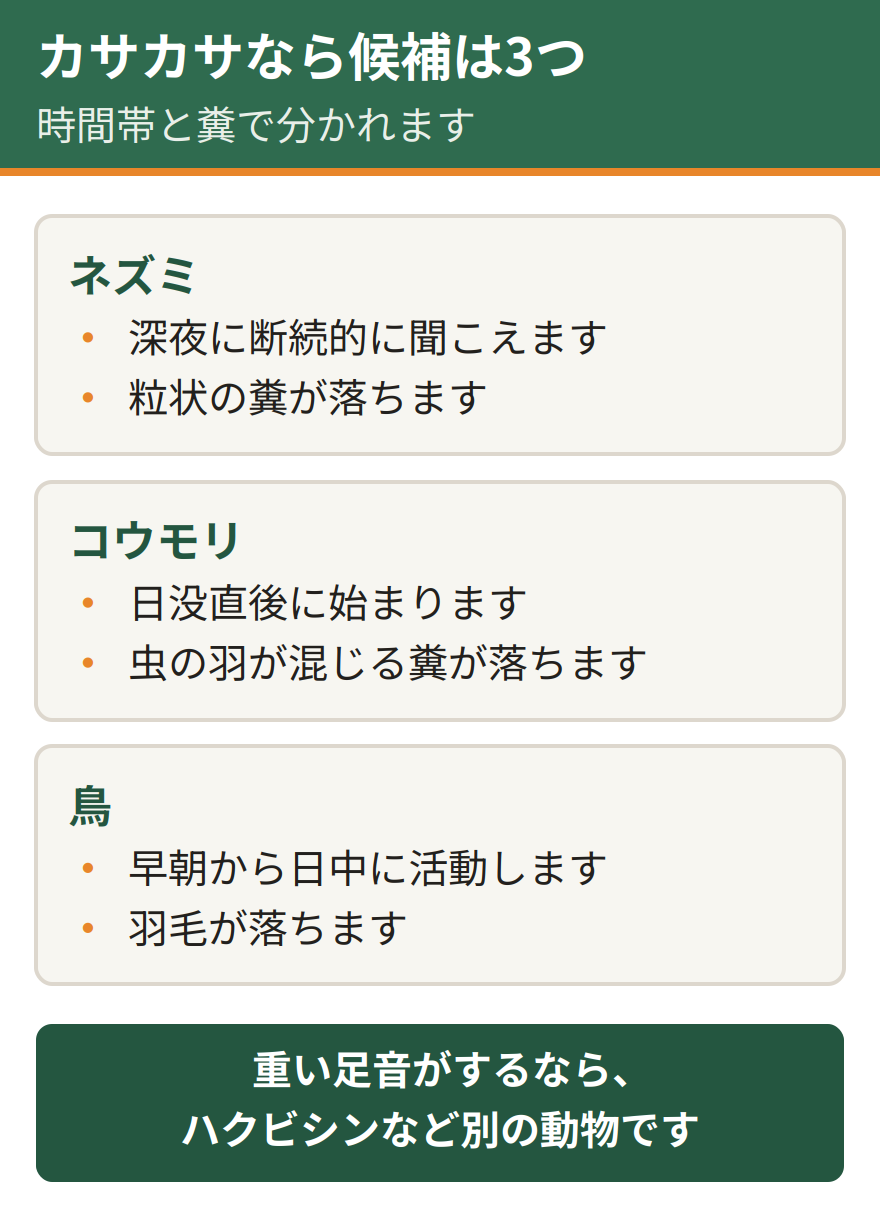 カサカサという音の候補3つの比較。ネズミは深夜に断続的に聞こえ粒状の糞が落ちる。コウモリは日没直後に始まり虫の羽が混じる糞が落ちる。鳥は早朝から日中に活動し羽毛が落ちる
