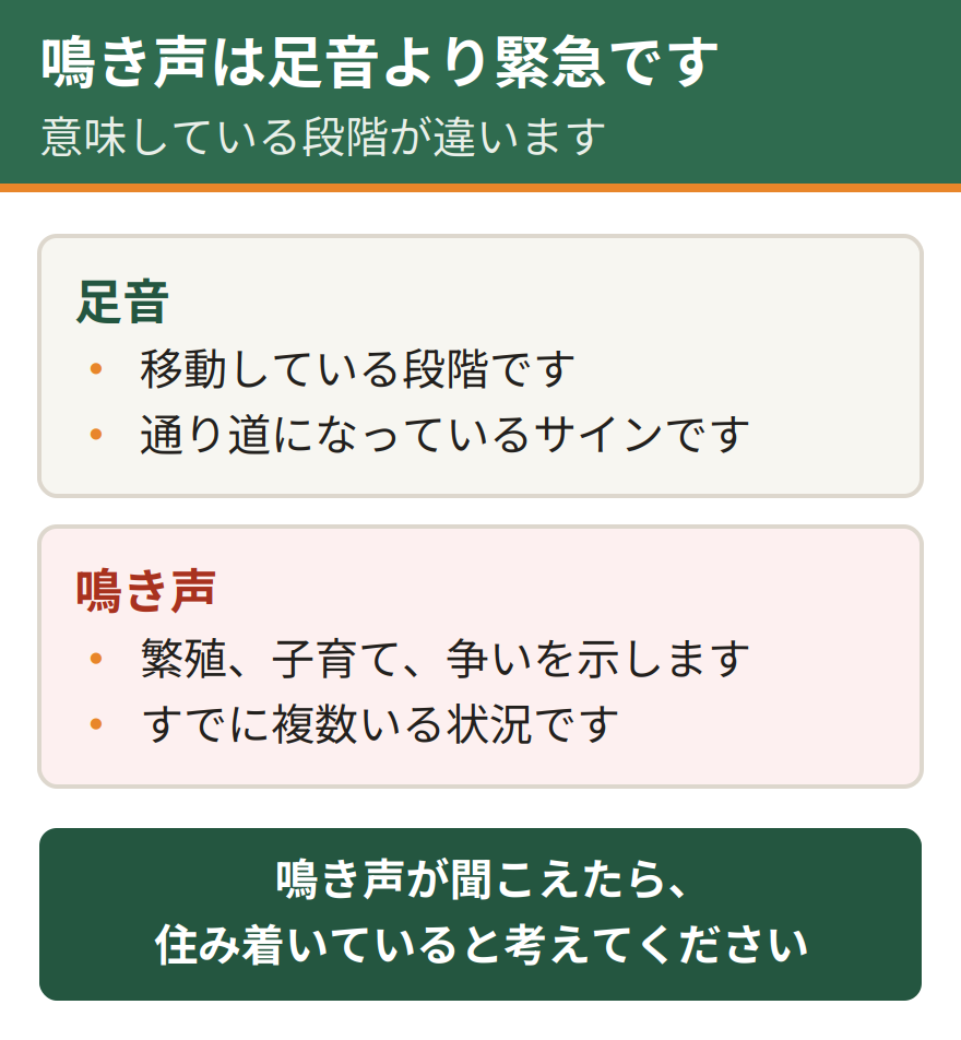 鳴き声と足音の意味の違い。足音は移動している段階を示し通り道のサインになる。鳴き声は繁殖や子育て、争いを示し複数いる状況を表す。だから鳴き声のほうが緊急度が高い