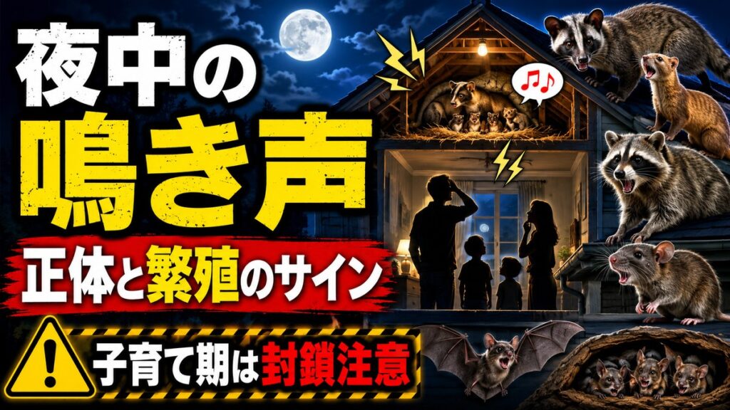夜中に家の中で聞こえる鳴き声｜正体と繁殖のサイン｜夜の家屋の屋根裏で鳴く親子のハクビシン、イタチ、アライグマ、ネズミ、コウモリと室内で聞き耳を立てる家族
