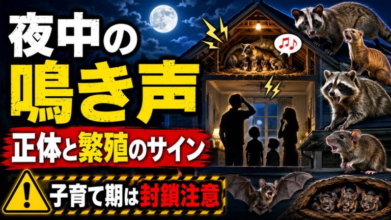 夜中に家の中で聞こえる鳴き声｜正体と繁殖のサイン｜夜の家屋の屋根裏で鳴く親子のハクビシン、イタチ、アライグマ、ネズミ、コウモリと室内で聞き耳を立てる家族